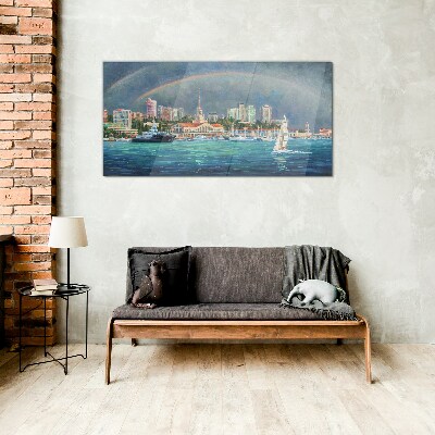 Sea panorama with a rainbow Glass Wall Art