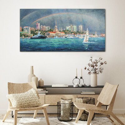 Sea panorama with a rainbow Glass Wall Art
