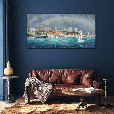 Sea panorama with a rainbow Glass Wall Art