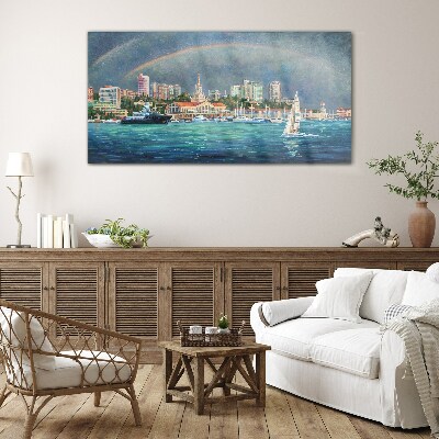 Sea panorama with a rainbow Glass Wall Art