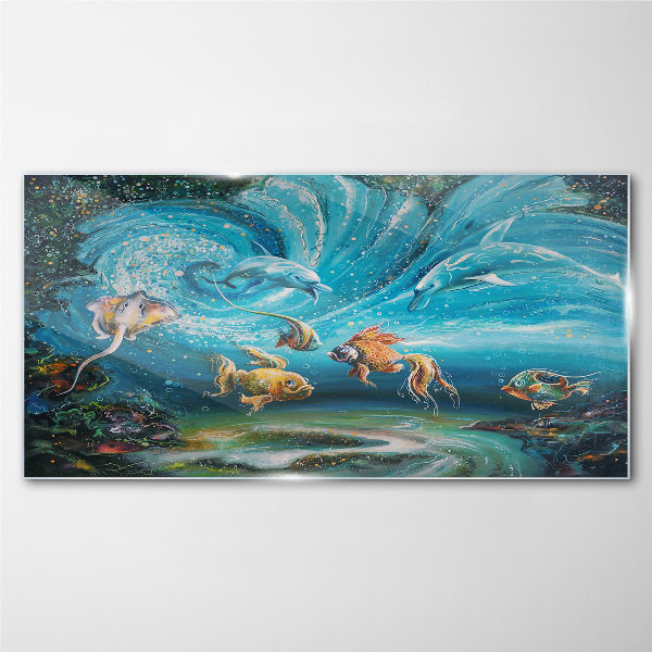 Underwater dance of dolphins and fish Glass Wall Art