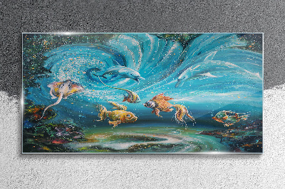 Underwater dance of dolphins and fish Glass Wall Art