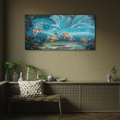 Underwater dance of dolphins and fish Glass Wall Art