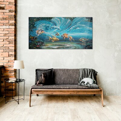 Underwater dance of dolphins and fish Glass Wall Art