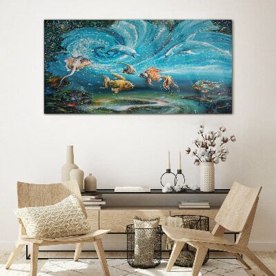 Underwater dance of dolphins and fish Glass Wall Art