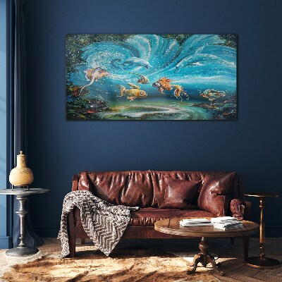 Underwater dance of dolphins and fish Glass Wall Art