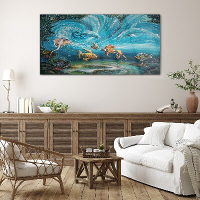 Underwater dance of dolphins and fish Glass Wall Art