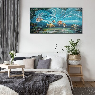 Underwater dance of dolphins and fish Glass Wall Art