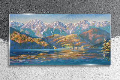 Painting lake mountains tree Glass Wall Art
