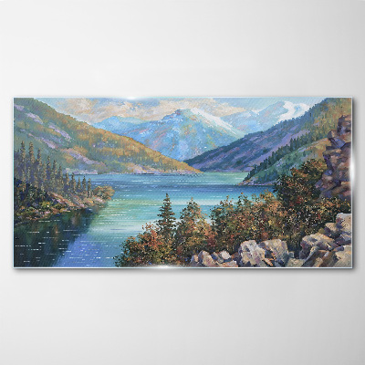 Painting lake mountains Glass Wall Art