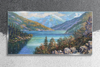 Mountain landscape by the lake Glass Wall Art