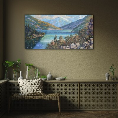 Mountain landscape by the lake Glass Wall Art