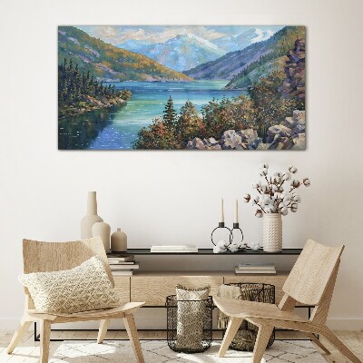 Mountain landscape by the lake Glass Wall Art