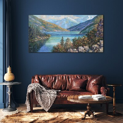 Mountain landscape by the lake Glass Wall Art
