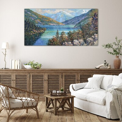 Mountain landscape by the lake Glass Wall Art