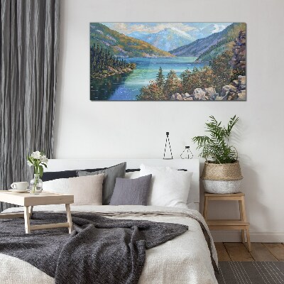 Mountain landscape by the lake Glass Wall Art