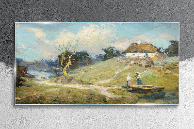 Rural Scenery with Fishermen Glass Wall Art