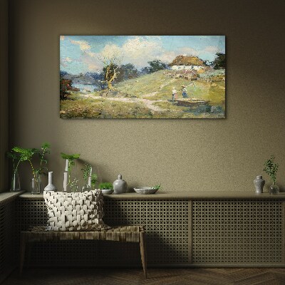 Rural Scenery with Fishermen Glass Wall Art