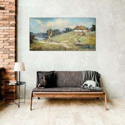 Rural Scenery with Fishermen Glass Wall Art