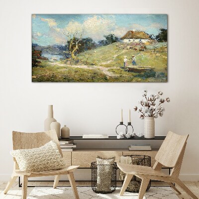 Rural Scenery with Fishermen Glass Wall Art