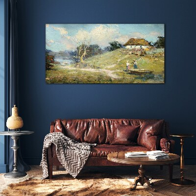 Rural Scenery with Fishermen Glass Wall Art