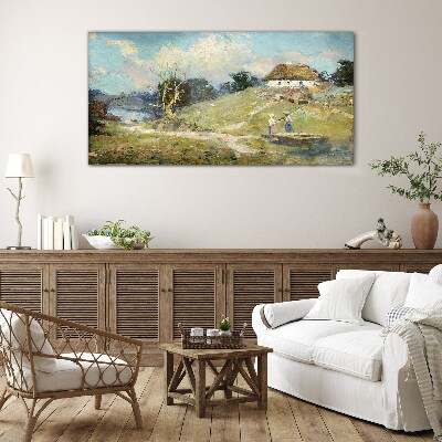 Rural Scenery with Fishermen Glass Wall Art