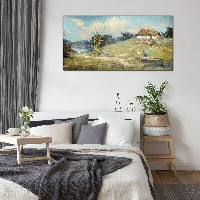 Rural Scenery with Fishermen Glass Wall Art