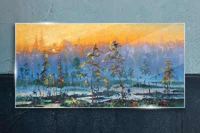Painting forest sunset Glass Wall Art