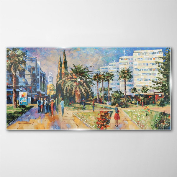 Tropical landscape of a city walk Glass Wall Art