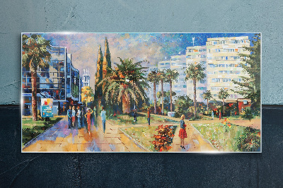 Tropical landscape of a city walk Glass Wall Art