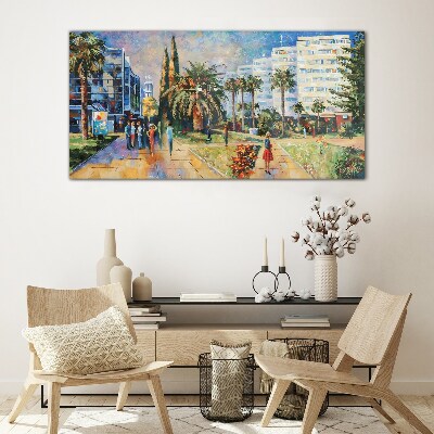 Tropical landscape of a city walk Glass Wall Art