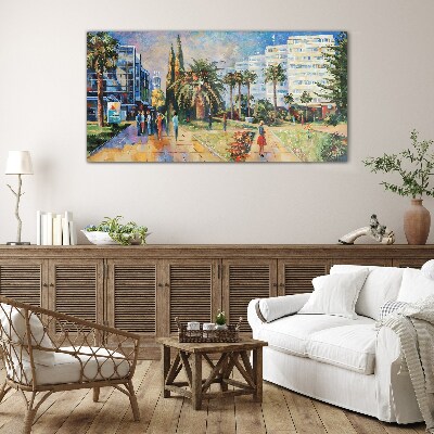 Tropical landscape of a city walk Glass Wall Art