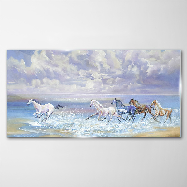 Painting horses coast Glass Wall Art
