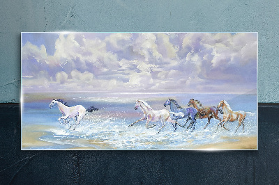 Painting horses coast Glass Wall Art