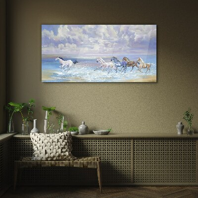 White horses on the run Glass Wall Art