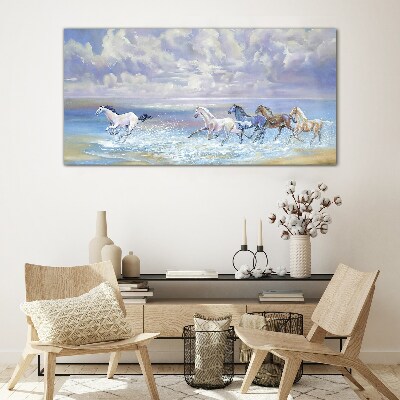 White horses on the run Glass Wall Art