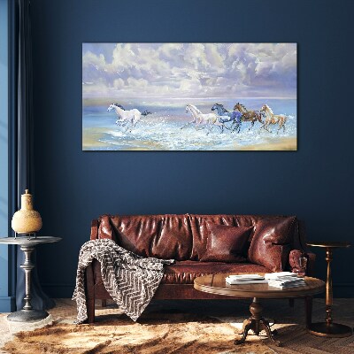 White horses on the run Glass Wall Art
