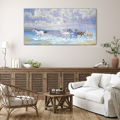 White horses on the run Glass Wall Art