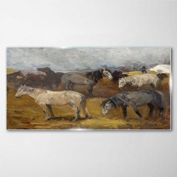 Pastoral landscape with horses Glass Wall Art