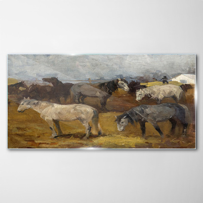 Pastoral landscape with horses Glass Wall Art