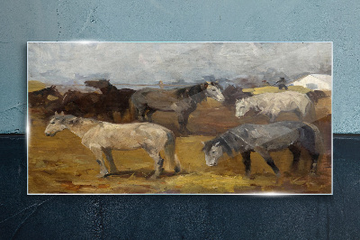 Pastoral landscape with horses Glass Wall Art