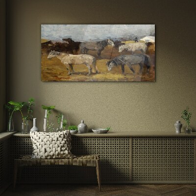 Pastoral landscape with horses Glass Wall Art