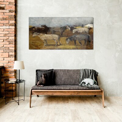 Pastoral landscape with horses Glass Wall Art