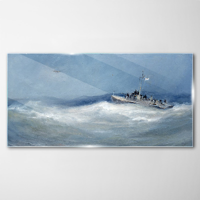 Stormy sea with a boat Glass Wall Art