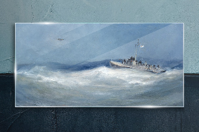 Stormy sea with a boat Glass Wall Art