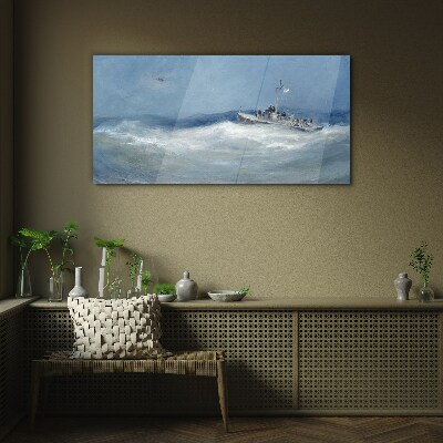 Stormy sea with a boat Glass Wall Art