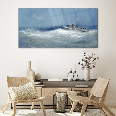 Stormy sea with a boat Glass Wall Art