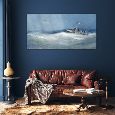 Stormy sea with a boat Glass Wall Art