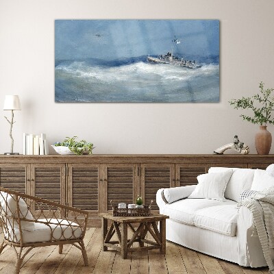 Stormy sea with a boat Glass Wall Art