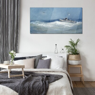 Stormy sea with a boat Glass Wall Art